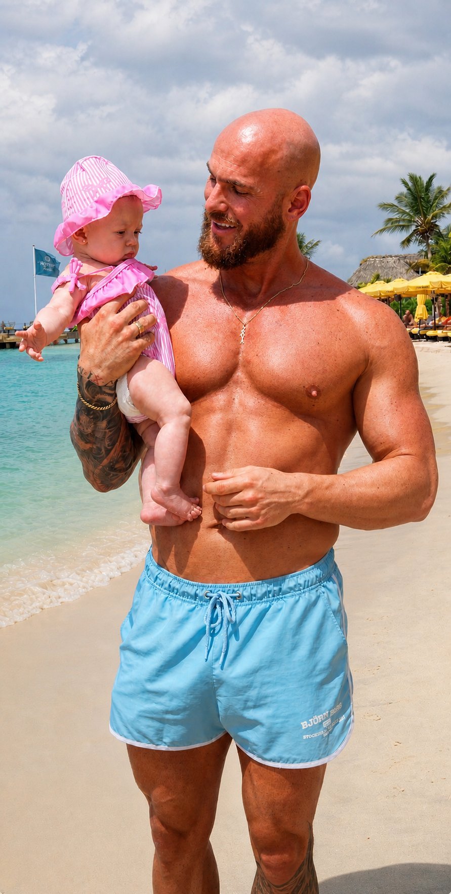 Daniel Hoedt met zijn dochter op het strand